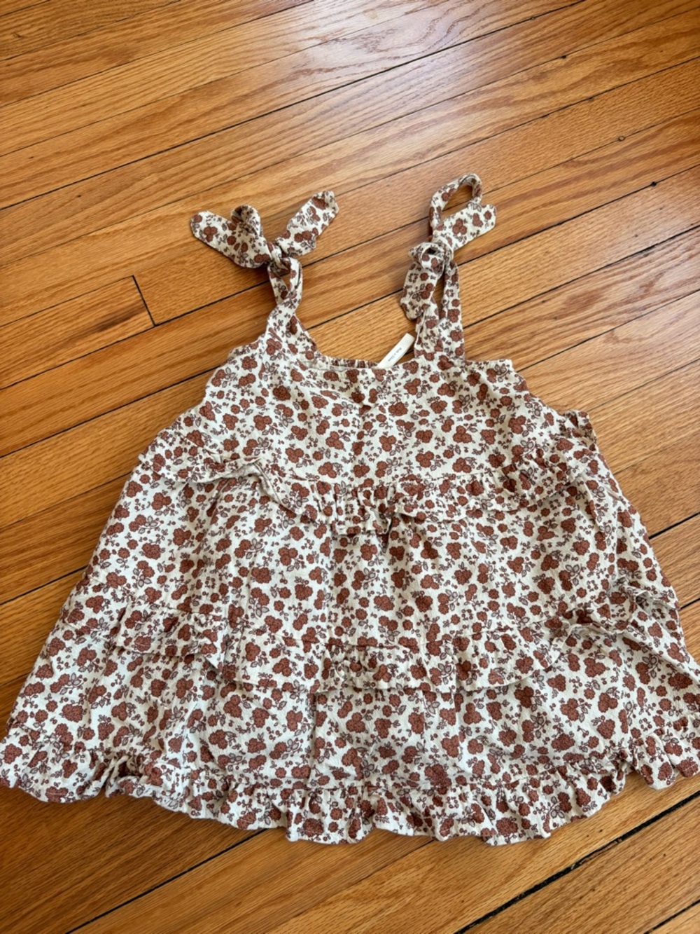 Rylee + Cru Cream Dress with Brown Floral Print and Tie Shoulders Size 2T - 3T